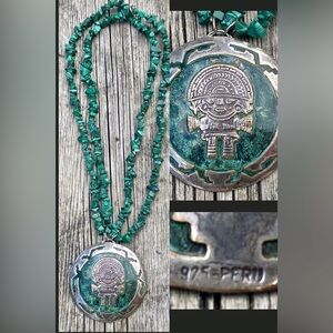 Vintage Peruvian 925 Silver Incan Tumi Enameled Malachite Chain Hippie Necklace